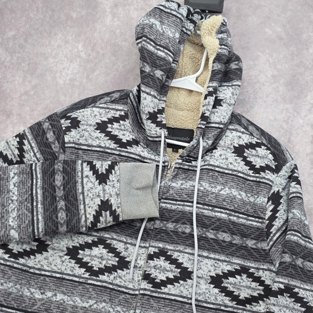 Aeropostale Womens Aztec Sherpa Lined Hoodie Grey Black Full Zip Sweatshirt L